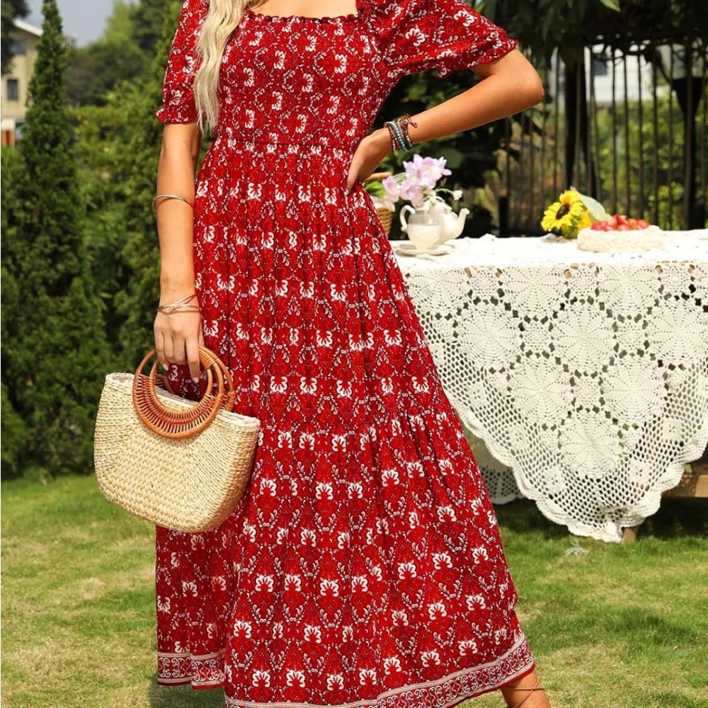 ZESICA Women's 2023 Summer Boho Floral Print Square Neck Ruffle Maxi Dress Sz(L) - Picture 5 of 10